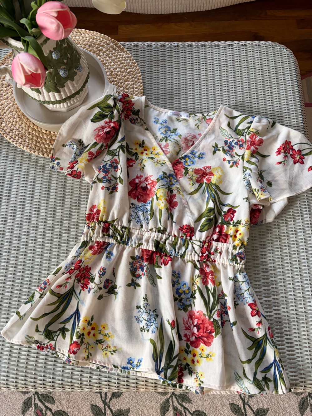 89th & Madison Cream Floral Peplum Top with Red, Yellow & Blue Accents